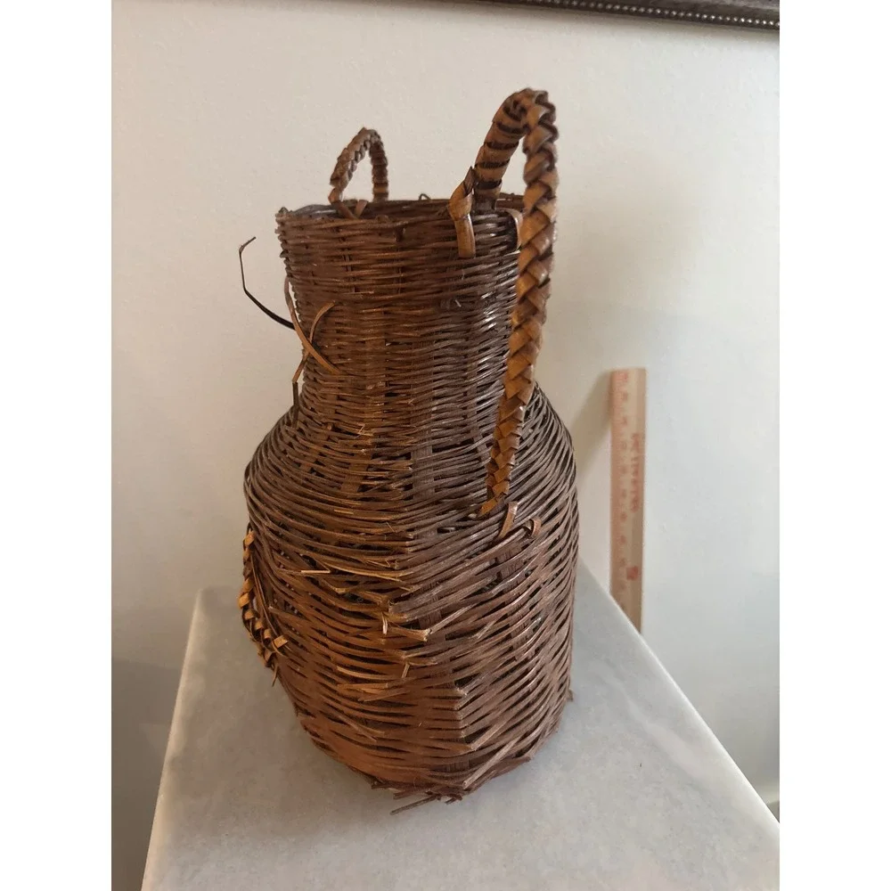 Vintage Hand Woven Wicker Amphora Basket Vase Dual Handles Dark Brown 12 Inch